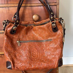 Marino Orlandi Italian Monogram Cognac Leather Hobo / Crossbody Bag